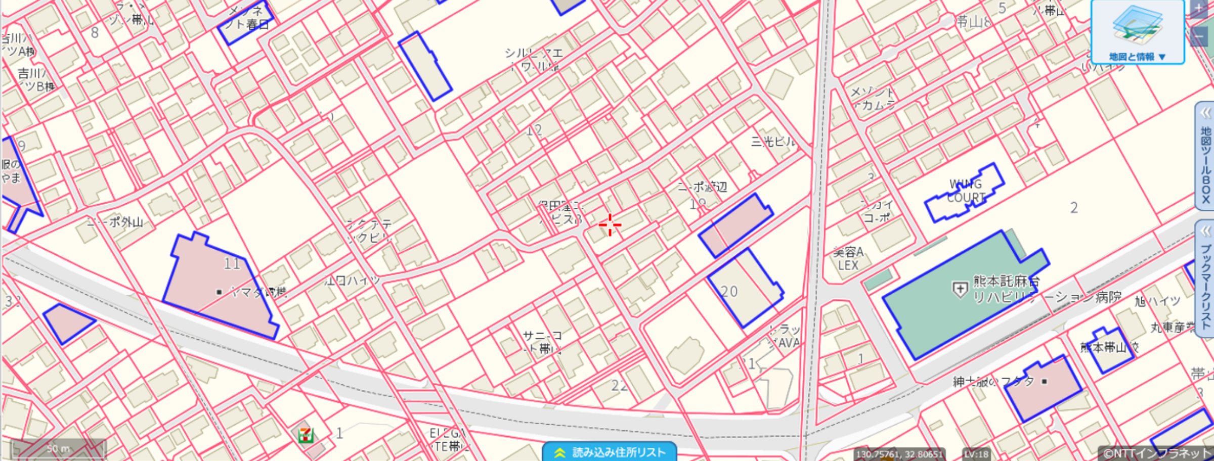 図：熊本県熊本市中央区で300平米以上の建物を抽出し、リスト化と共に弊社ちばんMAP上で可視化